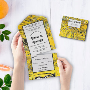 Elegant Artistic Black Gold Abstract Art Wedding All In One Invitation