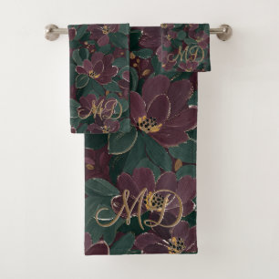 Elegant Artistic Floral Emerald Plum Gold Art Bath Towel Set