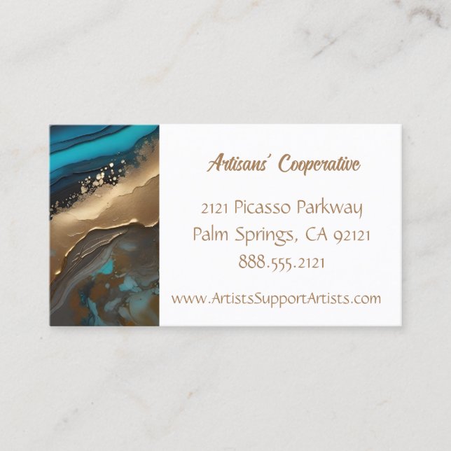Elegant, artsy abstract, teal gold business card (Front)