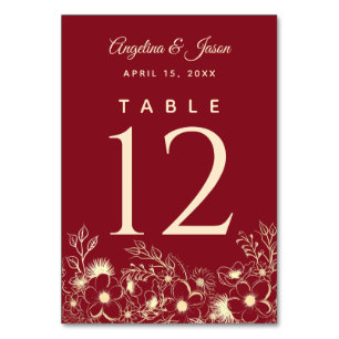 Elegant Artsy Floral Red and Gold Wedding Table Number