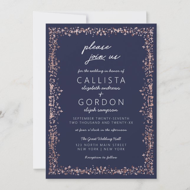 Elegant Artsy Navy Blue Rose Gold Border Wedding Invitation (Front)