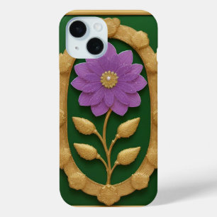 Elegant Artwork of a Purple Flower in Golden Frame iPhone 15 Case