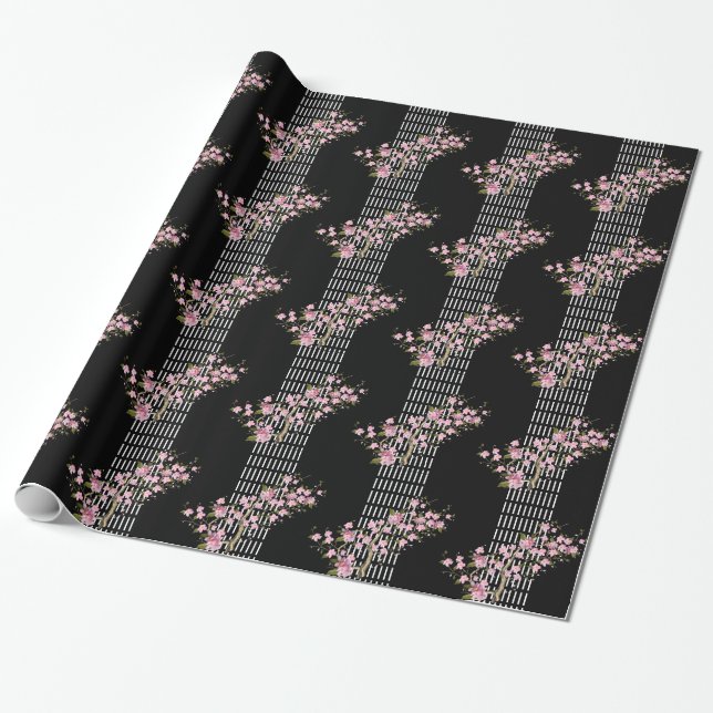 Elegant Asian Bamboo Pink Black White Blossom 2 Wrapping Paper (Unrolled)