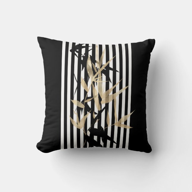 Elegant Asian Black White Stripe Gold Bamboo Cushion (Front)