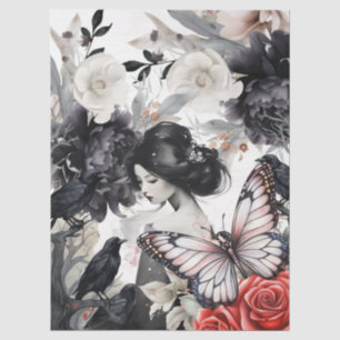 Elegant Asian Girl Raven Butterfly Decoupage Tissue Paper