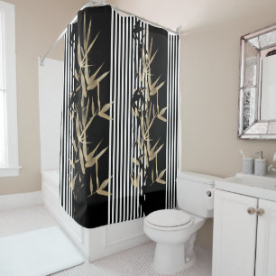 Elegant Asianstyle Black White Stripe Gold Bamboo Shower Curtain