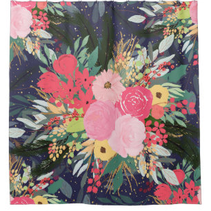 Elegant Astral Aura Winter Floral & Gold Dots Shower Curtain