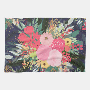 Elegant Astral Aura Winter Floral & Gold Dots Tea Towel