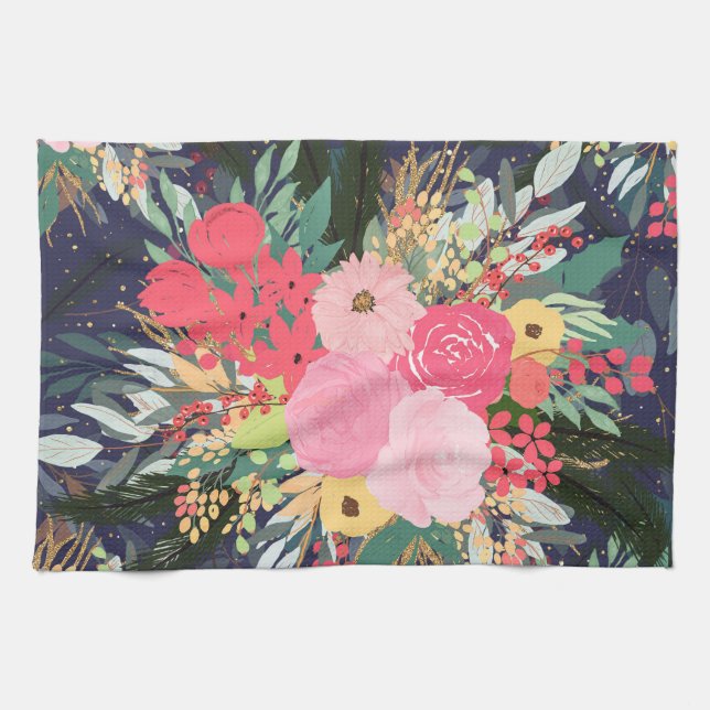 Elegant Astral Aura Winter Floral & Gold Dots Tea Towel (Horizontal)