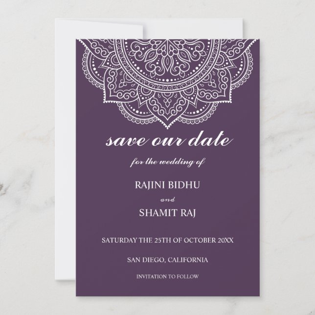 Elegant Aubergine Paisley Indian Hindu Wedding Save The Date (Front)