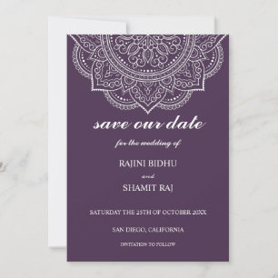 Elegant Aubergine Paisley Indian Hindu Wedding Save The Date