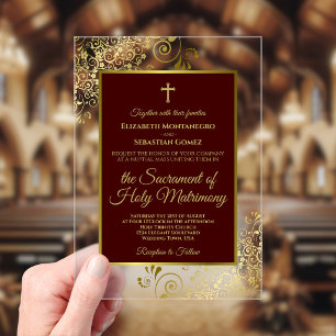 Elegant Auburn Brown & Gold Catholic Wedding Acrylic Invitations