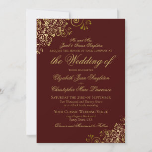 Elegant Auburn Brown & Gold Classy Formal Wedding Invitation