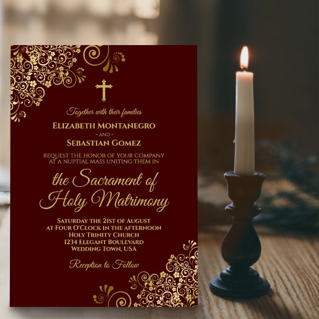 Elegant Auburn & Gold Modern Catholic Wedding Invitation (Creator Uploaded)