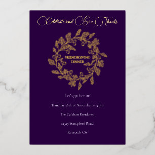 Elegant Autumn Berry Wreath Purple Friendsgiving Foil Holiday Card