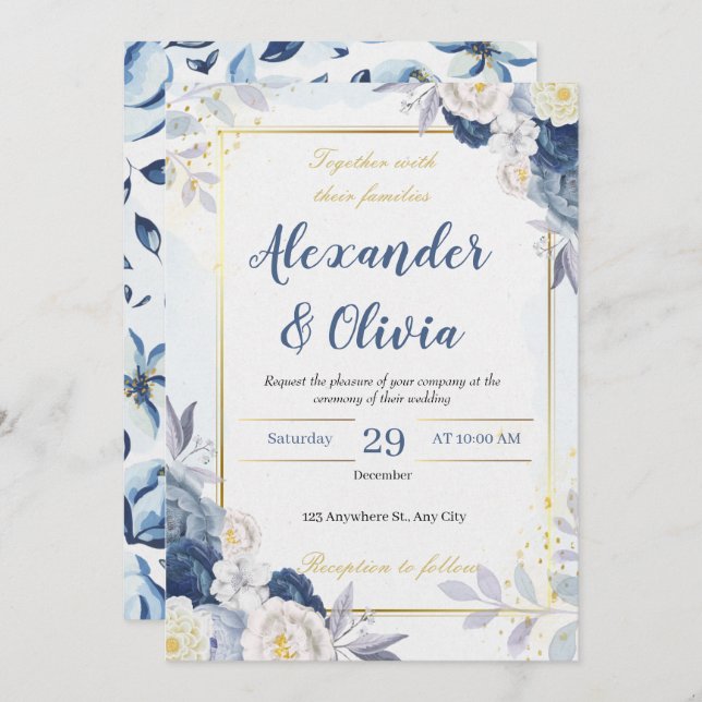 elegant autumn blue and floral wedding invitation (Front/Back)