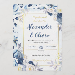 elegant autumn blue and floral wedding invitation