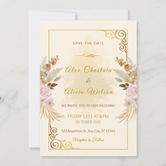Elegant Autumn Blush Floral Gold Frame Wedding  Invitation