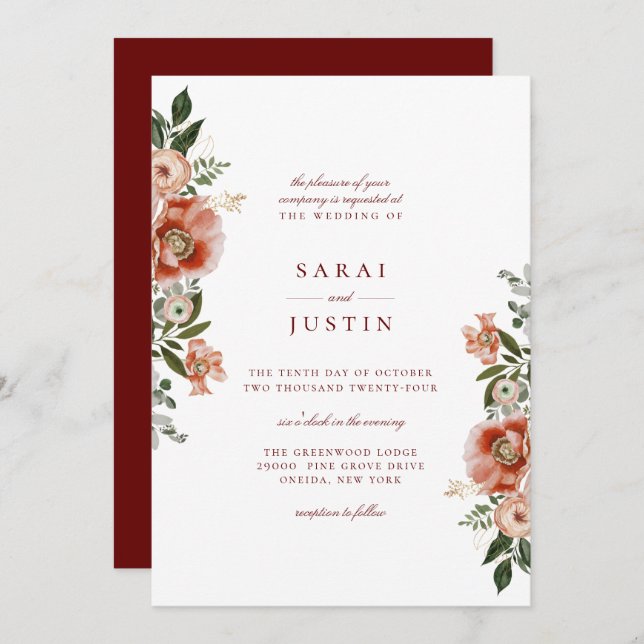 Elegant Autumn Botanical Floral Wedding Invitation (Front/Back)