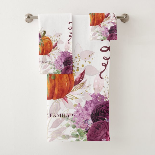 Elegant Autumn Burgundy Family Name Bath Towel Set (Insitu)