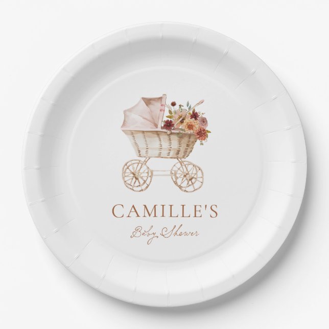 Elegant Autumn Burgundy Floral Baby Shower Paper Plate (Front)