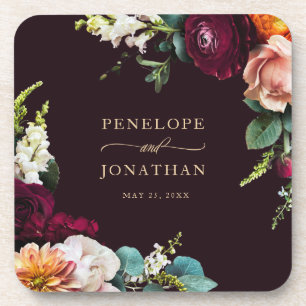 Elegant Autumn Burgundy Floral Gold Script Wedding Coaster