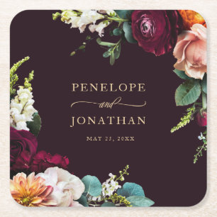 Elegant Autumn Burgundy Floral Gold Script Wedding Square Paper Coaster