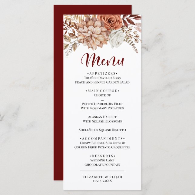 Elegant Autumn Burgundy Floral Wedding Flat Menu (Front/Back)