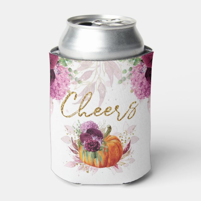 Elegant Autumn Burgundy Pumpkin Cheers Can Cooler (Can Front)