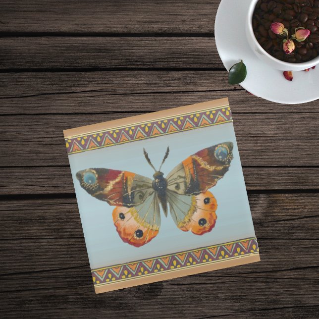 Elegant Autumn Coloured Monarch butterfly Borders Glass Coaster (Monarch butterfly Autumn colours with border on light blue glass drink coaster.)