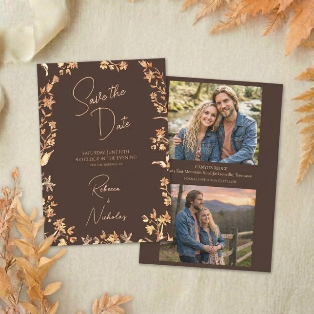 Elegant Autumn Copper Wildflowers Script 2 Photo Save The Date (Creator Uploaded)