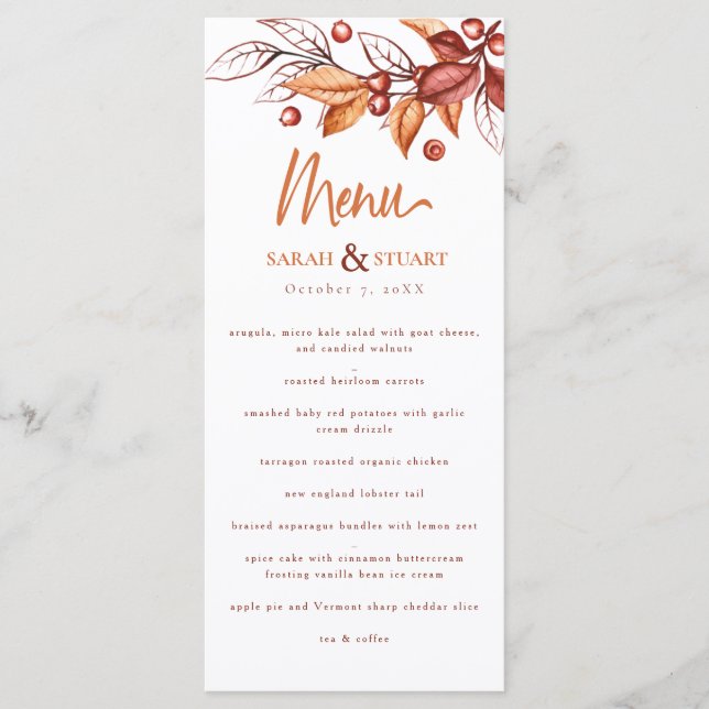 Elegant Autumn Earth tone Terracotta Wedding Menu (Front)