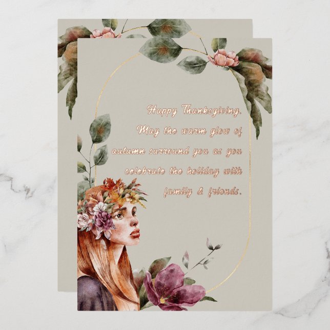 Elegant Autumn Fairy Floral Rose Gold Script Foil Holiday Card (Front/Back)