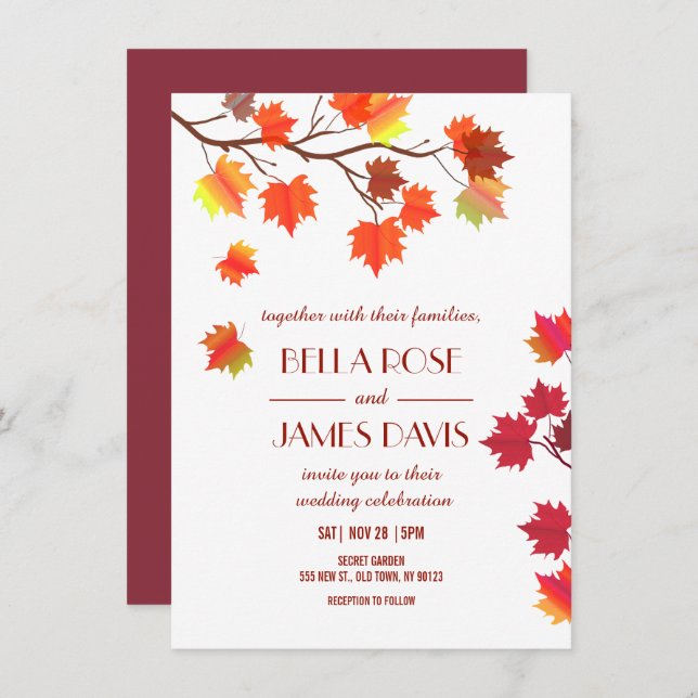 Elegant Autumn Fall Burgundy Wedding Invitations (Front/Back)