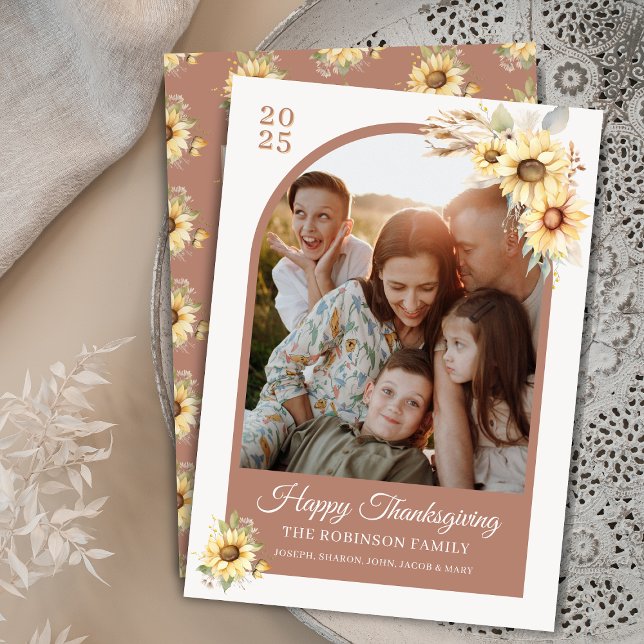 Elegant Autumn Fall Chic Floral Happy Thanksgiving Holiday Card (Elegant dusty rose and gold personalized watercolor sunflowers arch photo Happy Thanksgiving cards)