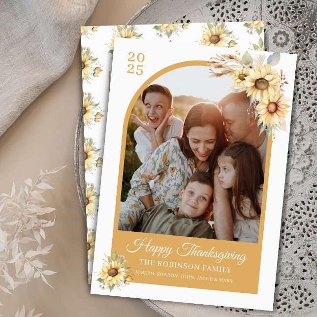 Elegant Autumn Fall Flower Arch Happy Thanksgiving Holiday Card (Elegant gold sunflowers watercolor floral personalized Happy Thanksgiving card with arch photo notes)