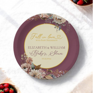 Elegant Autumn Fall In Love Floral Burgundy Paper Plate