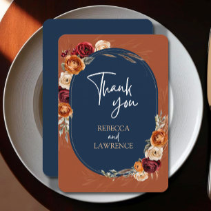 Elegant autumn fall orange navy floral wedding thank you card