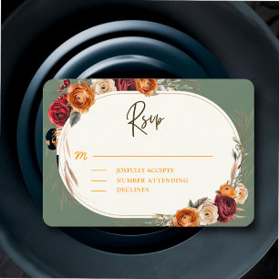 Elegant autumn fall orange sage floral wedding RSVP card