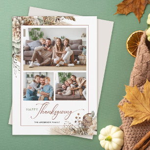 Elegant Autumn Floral 3 Photo Thanksgiving Holiday Card