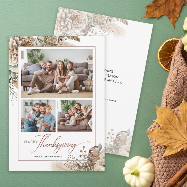 Elegant Autumn Floral 3 Photo Thanksgiving Holiday Card (Creator Uploaded)