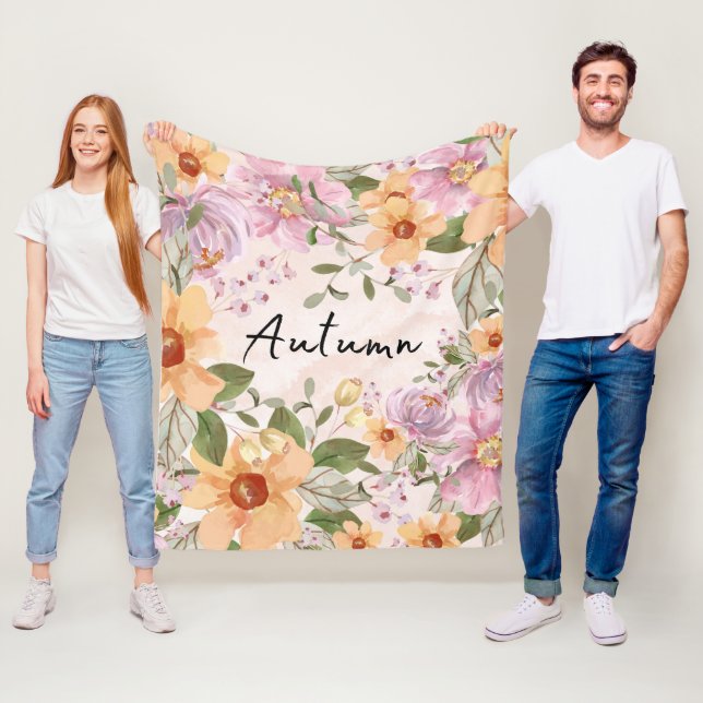 Elegant Autumn Floral and script Pink Green Fleece Blanket (In Situ)