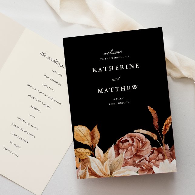 Elegant Autumn Floral Black Wedding Ceremony  Program (Creator Uploaded)
