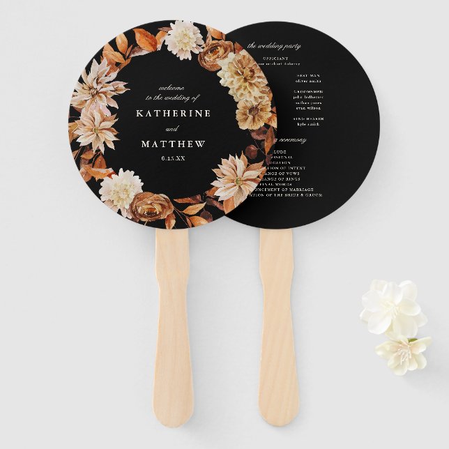 Elegant Autumn Floral Black Wedding Program Hand Fan (Front and Back)