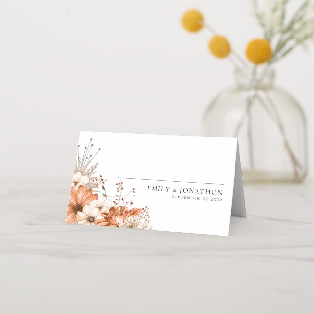 Elegant Autumn Floral Bouquet Names Date Wedding Place Card (Front)