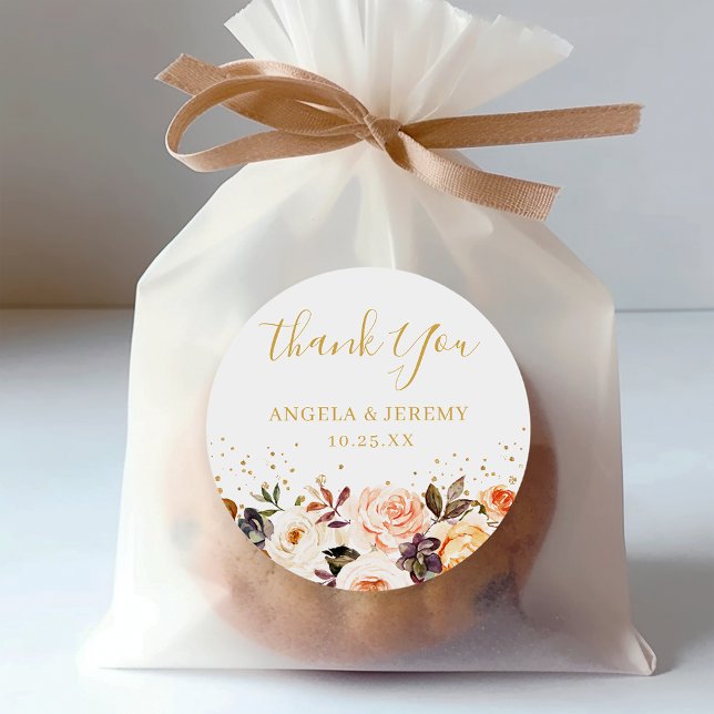 Elegant Autumn Floral Gold Thank You Favour  Classic Round Sticker (Seal envelopes, embellish favor bags, or accent your event decor with these versatile stickers.)