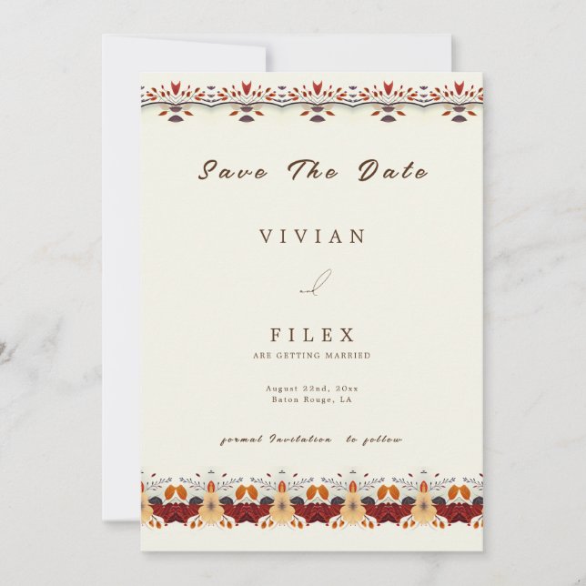 Elegant Autumn Floral Line Save The Date Card (Front)