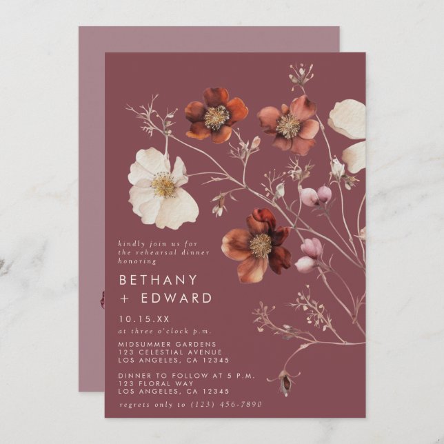 Elegant Autumn Floral Mauve Rehearsal Dinner Invitation (Front/Back)