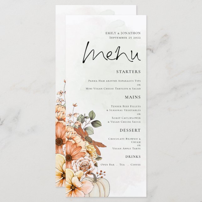 Elegant Autumn Floral Pumpkin Foliage Wedding Menu (Front/Back)