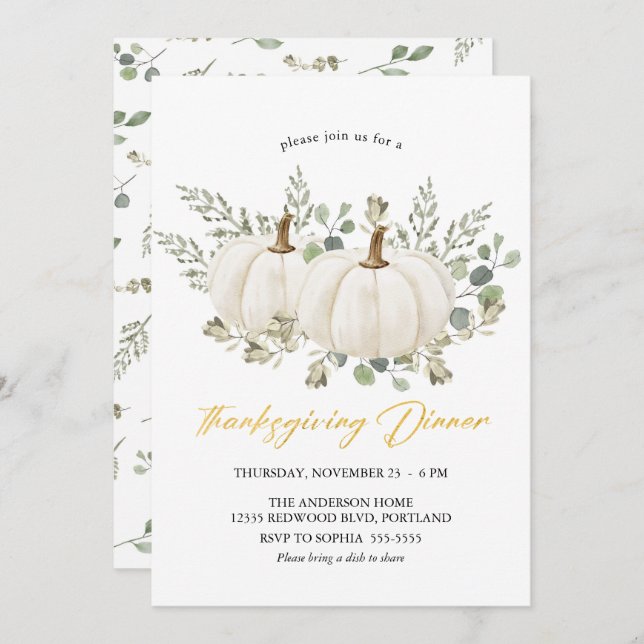 Elegant Autumn Floral Pumpkin Thanksgiving Dinner Invitation (Front/Back)